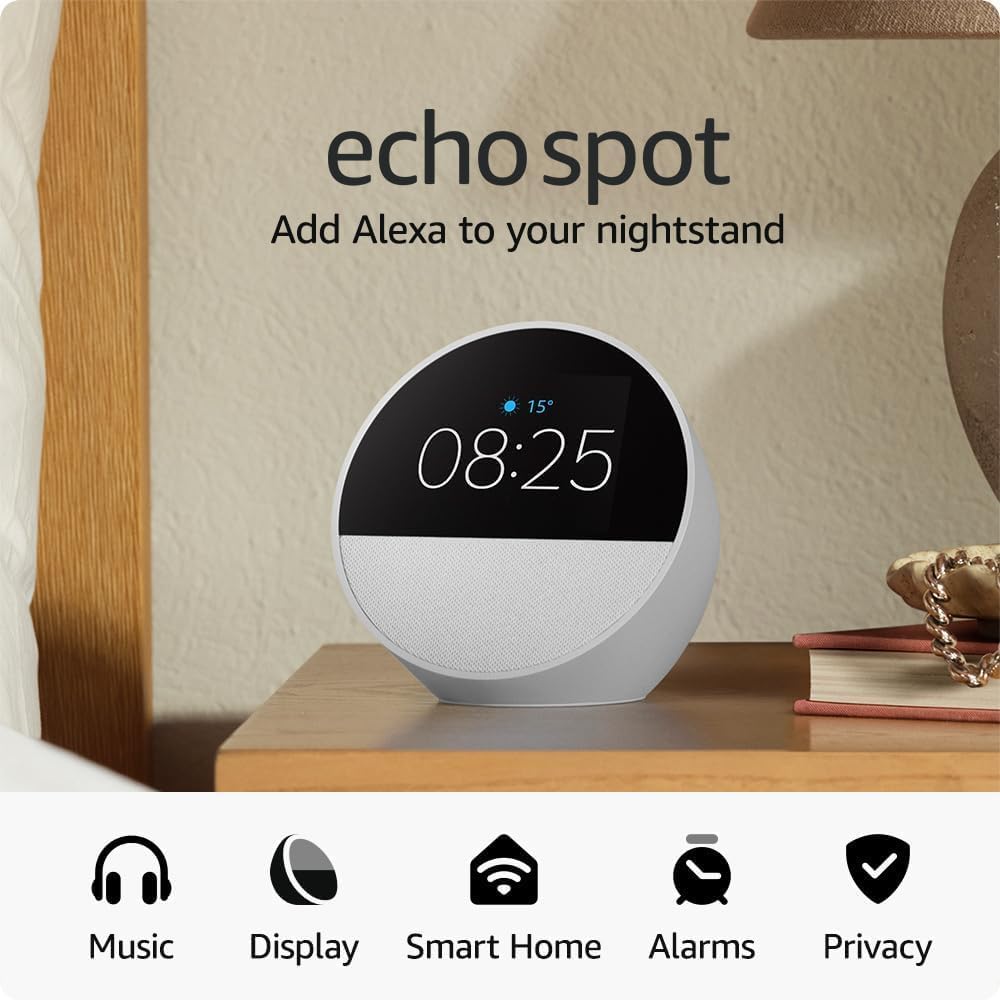 Amazon Echo Spot Glacier White (Newest Gen) Smart Alarm clock, Smart Speaker with Alexa - Original New