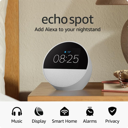 Amazon Echo Spot Glacier White (Newest Gen) Smart Alarm clock, Smart Speaker with Alexa - Original New